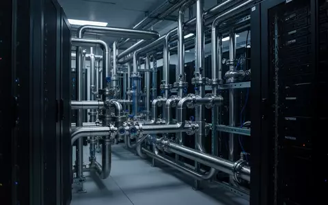 Industrielle Flüssigkühlanlage in einem modernen Rechenzentrum mit Metallrohren und dunklen Server-Racks. - Foto: über boerse-global.de