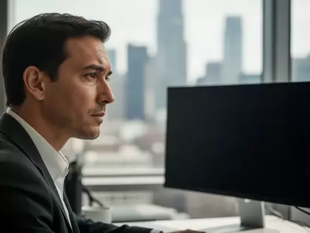 Ein Börsenhändler blickt nachdenklich auf einen dunklen Monitor in einem modernen Büro vor einer verschwommenen Stadtkulisse. - Foto: über boerse-global.de