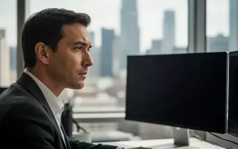 Ein Börsenhändler blickt nachdenklich auf einen dunklen Monitor in einem modernen Büro vor einer verschwommenen Stadtkulisse. - Foto: über boerse-global.de