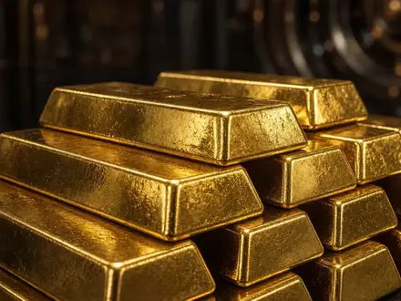 Stapel aus Goldbarren in einem sicher beleuchteten Tresorraum. - Foto: über boerse-global.de