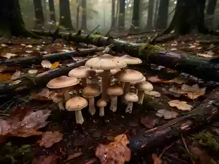 Verschiedene Wildpilze wachsen auf einem feuchten, moosbedeckten Waldboden zwischen herbstlichem Laub. - Foto: über boerse-global.de
