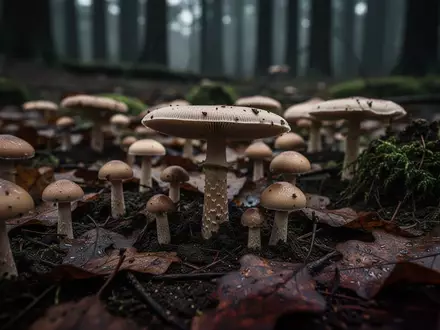 Nahaufnahme von Pilzen auf einem Waldboden, die die Schwierigkeit der Unterscheidung zwischen verschiedenen Arten verdeutlicht. - Foto: über boerse-global.de