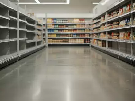 Ein leerer, ordentlicher Supermarktgang mit symmetrisch angeordneten Regalen in einer natürlichen Lichtstimmung. - Foto: über boerse-global.de
