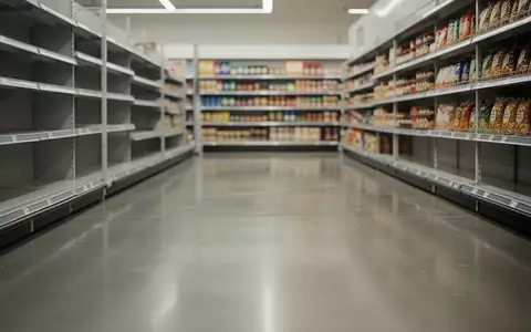 Ein leerer, ordentlicher Supermarktgang mit symmetrisch angeordneten Regalen in einer natürlichen Lichtstimmung. - Foto: über boerse-global.de