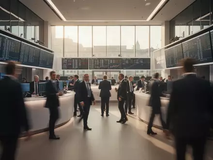 Betriebsame Schweizer Börse mit Geschäftsleuten in einer modernen, lichtdurchfluteten Architektur. - Foto: über boerse-global.de