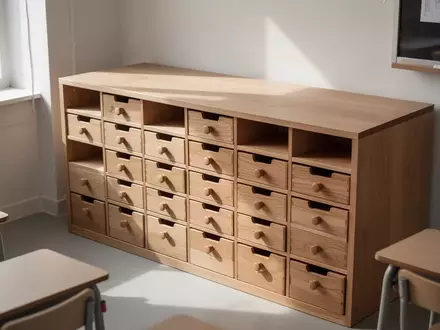 Ein hölzerner Apothekenschrank mit vielen kleinen Schubladen in einem hellen, modernen Klassenraum. - Foto: über boerse-global.de