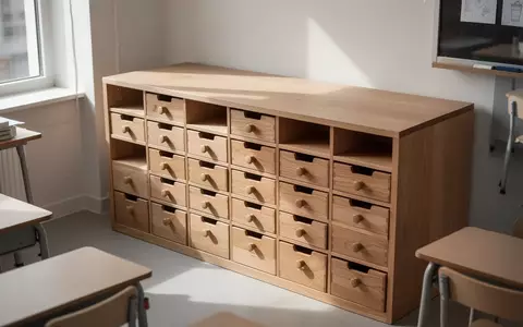Ein hölzerner Apothekenschrank mit vielen kleinen Schubladen in einem hellen, modernen Klassenraum. - Foto: über boerse-global.de