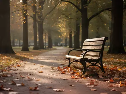Ein ruhiger Parkweg mit einer leeren Holzbank und herbstlichem Laub unter alten Bäumen. - Foto: über boerse-global.de