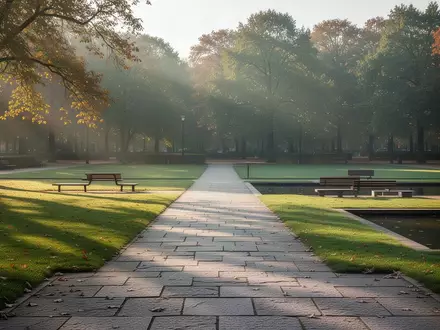 Ein leerer, sonnendurchfluteter Park mit gepflastertem Weg, Holzbänken und einem Wasserbecken in einer ruhigen Außenanlage. - Foto: über boerse-global.de