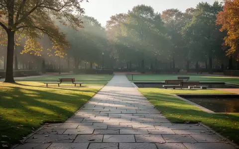 Ein leerer, sonnendurchfluteter Park mit gepflastertem Weg, Holzbänken und einem Wasserbecken in einer ruhigen Außenanlage. - Foto: über boerse-global.de