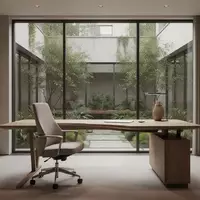 Ein minimalistisch eingerichteter, heller Büroarbeitsplatz mit einem leeren Schreibtisch und Blick in einen begrünten Innenhof. - Foto: über boerse-global.de