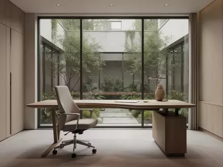 Ein minimalistisch eingerichteter, heller Büroarbeitsplatz mit einem leeren Schreibtisch und Blick in einen begrünten Innenhof. - Foto: über boerse-global.de