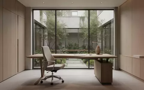 Ein minimalistisch eingerichteter, heller Büroarbeitsplatz mit einem leeren Schreibtisch und Blick in einen begrünten Innenhof. - Foto: über boerse-global.de