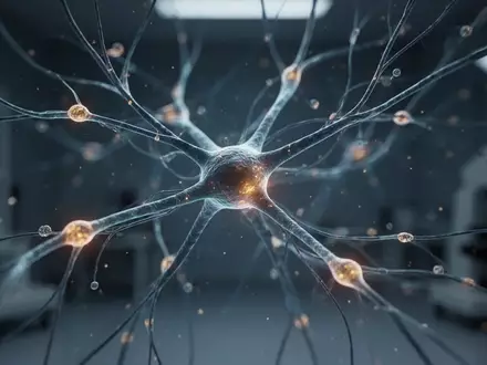 Hochauflösende mikroskopische Aufnahme eines komplexen neuronalen Netzwerks mit leuchtenden Nervenbahnen. - Foto: über boerse-global.de