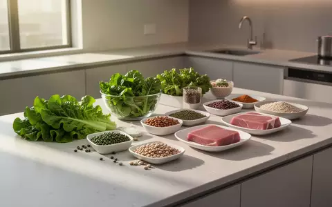 Frische, naturbelassene Lebensmittel wie Gemüse und Hülsenfrüchte auf einer hellen Arbeitsplatte in einer hellen Küche. - Foto: über boerse-global.de