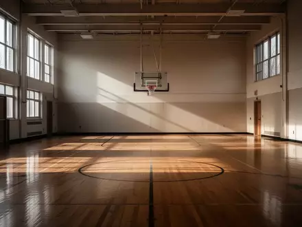 Eine leere, sonnendurchflutete Schulturnhalle mit einem Basketballkorb in der Ferne. - Foto: über boerse-global.de