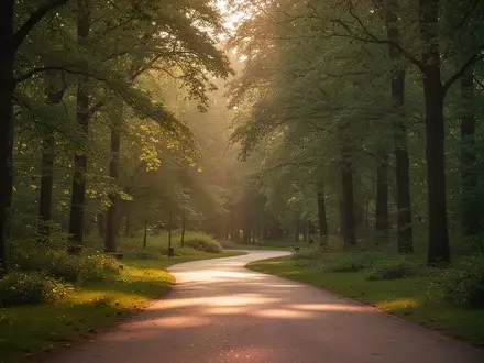 Ein friedlicher Waldweg bei Sonnenuntergang, der Ruhe und mentale Erholung symbolisiert. - Foto: über boerse-global.de