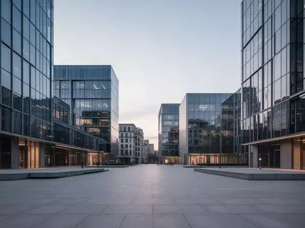Moderne europäische Architektur bei Dämmerung mit Glasfassaden und einer leeren, gepflasterten Stadtlandschaft. - Foto: über boerse-global.de