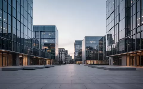 Moderne europäische Architektur bei Dämmerung mit Glasfassaden und einer leeren, gepflasterten Stadtlandschaft. - Foto: über boerse-global.de
