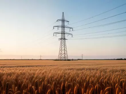 Ein Hochspannungsmast in einem weiten Feld bei Sonnenaufgang als Symbol für Energieinfrastruktur. - Foto: über boerse-global.de