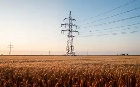 Ein Hochspannungsmast in einem weiten Feld bei Sonnenaufgang als Symbol für Energieinfrastruktur. - Foto: über boerse-global.de