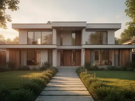 Ein modernes, unbewohntes Wohnhaus in der Abendsonne, das architektonische Details eines Eigenheims im Grünen zeigt. - Foto: über boerse-global.de