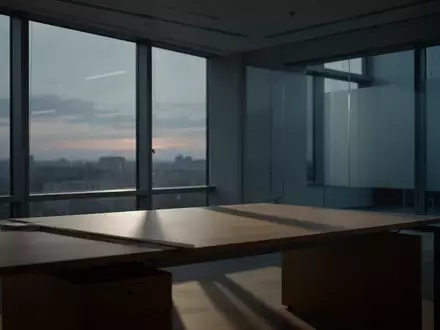Ein leeres, minimalistisch gestaltetes Bürogebäude in der Abenddämmerung mit sanftem Lichteinfall und langen Schatten. - Foto: über boerse-global.de