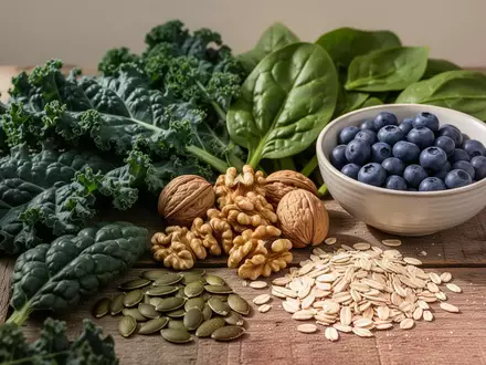 Frisches Blattgemüse, Beeren, Nüsse und Vollkornprodukte als Symbole für eine ausgewogene, hormonfreundliche Ernährung. - Foto: über boerse-global.de