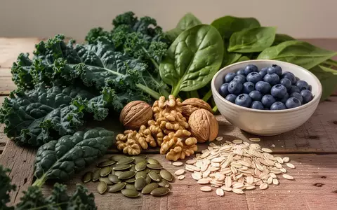 Frisches Blattgemüse, Beeren, Nüsse und Vollkornprodukte als Symbole für eine ausgewogene, hormonfreundliche Ernährung. - Foto: über boerse-global.de