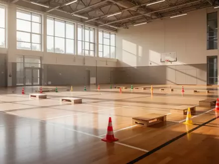 Ein heller, leerer Parcours in einer Sporthalle mit Markierungen für ein Mobilitätstraining. - Foto: über boerse-global.de