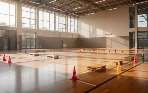 Ein heller, leerer Parcours in einer Sporthalle mit Markierungen für ein Mobilitätstraining. - Foto: über boerse-global.de