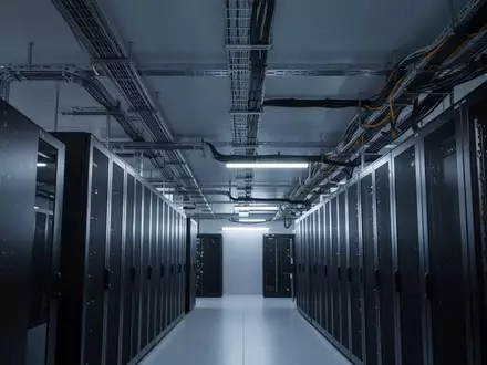 Modernes Rechenzentrum mit in blauem Licht beleuchteten Server-Racks und technischer Infrastruktur. - Foto: über boerse-global.de