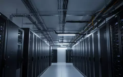 Modernes Rechenzentrum mit in blauem Licht beleuchteten Server-Racks und technischer Infrastruktur. - Foto: über boerse-global.de
