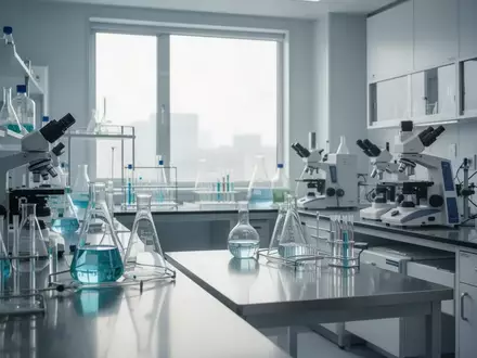 Ein steriles, helles Labor mit wissenschaftlichen Geräten und Glasgefäßen auf Edelstahloberflächen bei natürlichem Tageslicht. - Foto: über boerse-global.de