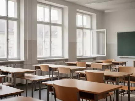 Ein leerer, modern eingerichteter Klassenraum mit Holztischen und Stühlen in einem Wiener Schulgebäude. - Foto: über boerse-global.de
