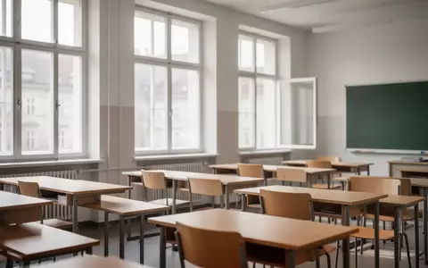 Ein leerer, modern eingerichteter Klassenraum mit Holztischen und Stühlen in einem Wiener Schulgebäude. - Foto: über boerse-global.de