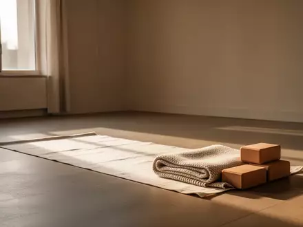 Ein minimalistischer Meditationsraum mit einer Bodenmatte, einer Decke und Yogablöcken in sanftem Tageslicht. - Foto: über boerse-global.de