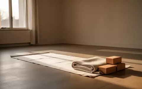 Ein minimalistischer Meditationsraum mit einer Bodenmatte, einer Decke und Yogablöcken in sanftem Tageslicht. - Foto: über boerse-global.de