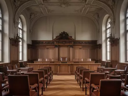 Ein leerer, prunkvoller Gerichtssaal mit hohen Decken und Holzvertäfelung bei natürlichem Lichteinfall. - Foto: über boerse-global.de