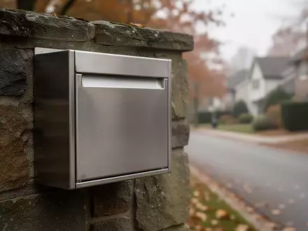 Ein schlichter, moderner Briefkasten aus gebürstetem Stahl an einer steinernen Hauswand an einem bewölkten Herbsttag. - Foto: über boerse-global.de