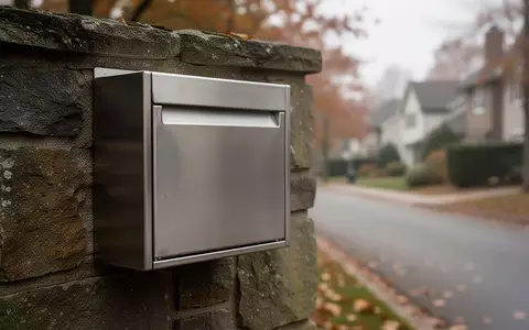 Ein schlichter, moderner Briefkasten aus gebürstetem Stahl an einer steinernen Hauswand an einem bewölkten Herbsttag. - Foto: über boerse-global.de