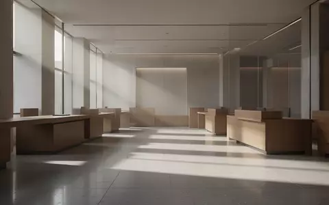 Ein minimalistischer, moderner Bankraum mit leeren Schaltern und sanftem, natürlichem Lichteinfall auf einem Steinboden. - Foto: über boerse-global.de