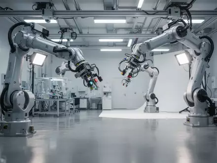 Ein hochmodernes Robotik-Forschungslabor mit spezialisierten Greifarmen und Sensoren in einer sterilen Industrieumgebung. - Foto: über boerse-global.de