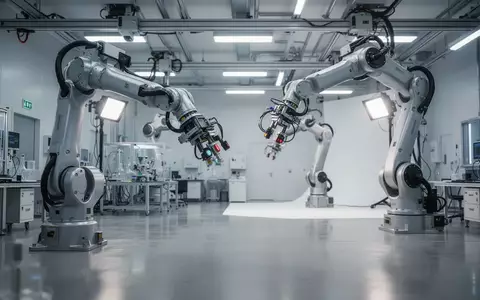 Ein hochmodernes Robotik-Forschungslabor mit spezialisierten Greifarmen und Sensoren in einer sterilen Industrieumgebung. - Foto: über boerse-global.de