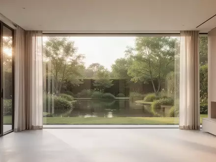 Ein helles, modernes und minimalistisches Wohninterieur mit Blick in einen ruhigen Garten bei Tageslicht. - Foto: über boerse-global.de