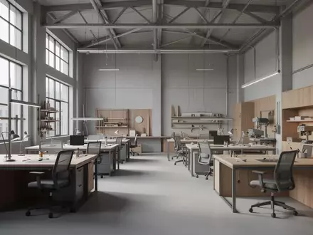 Ein minimalistisch gestalteter, moderner Arbeitsplatz in einer Industriehalle mit viel Tageslicht und aufgeräumten Flächen. - Foto: über boerse-global.de