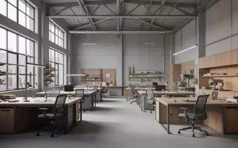 Ein minimalistisch gestalteter, moderner Arbeitsplatz in einer Industriehalle mit viel Tageslicht und aufgeräumten Flächen. - Foto: über boerse-global.de