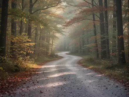 Ein gewundener Kiesweg in einem lichtdurchfluteten Wald im Herbst. - Foto: über boerse-global.de