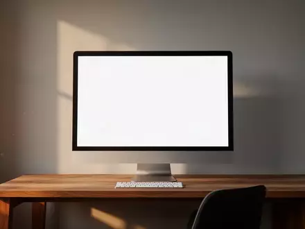 Ein minimalistischer Arbeitsplatz mit einem leeren Monitor auf einem Holztisch in einem hellen, modernen Büro. - Foto: über boerse-global.de