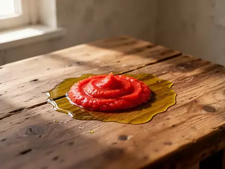 Vibrant red tomato paste with a drizzle of golden olive oil on a wooden table. - Foto: über boerse-global.de